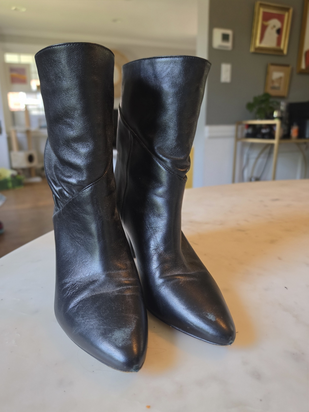 ba&sh Calix Black Pointed-Toe Mid-Calf Leather Heel Booties Size 38